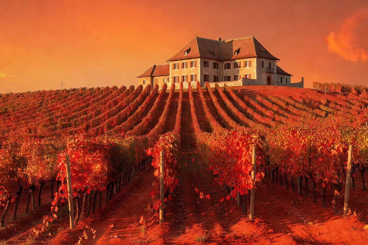 Vignobles de Villány Hongrie, rangées de ceps en automne sur colline argileuse rouge, château vitivinicole en arrière-plan, ciel dramatique orangé