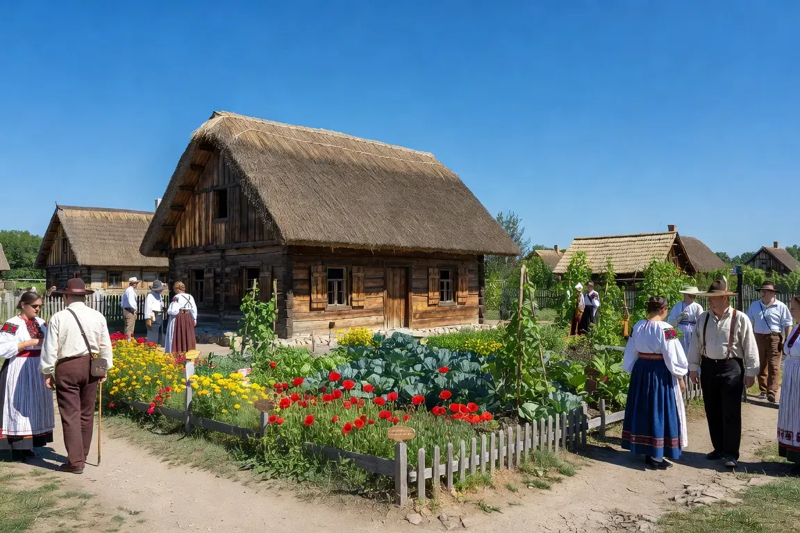 Musée en plein air Skanzen de Szentendre Hongrie, ferme paysanne traditionnelle reconstruite en bois, toit de chaume, jardin potager, visiteurs en costume traditionnel, ciel d'été lumineux