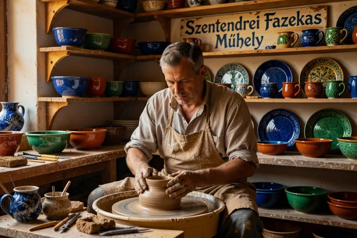 Artisan potier hongrois dans son atelier à Szentendre, tour de potier, mains dans l'argile, pièces vernissées colorées sur des étagères en arrière-plan, lumière d'atelier chaude