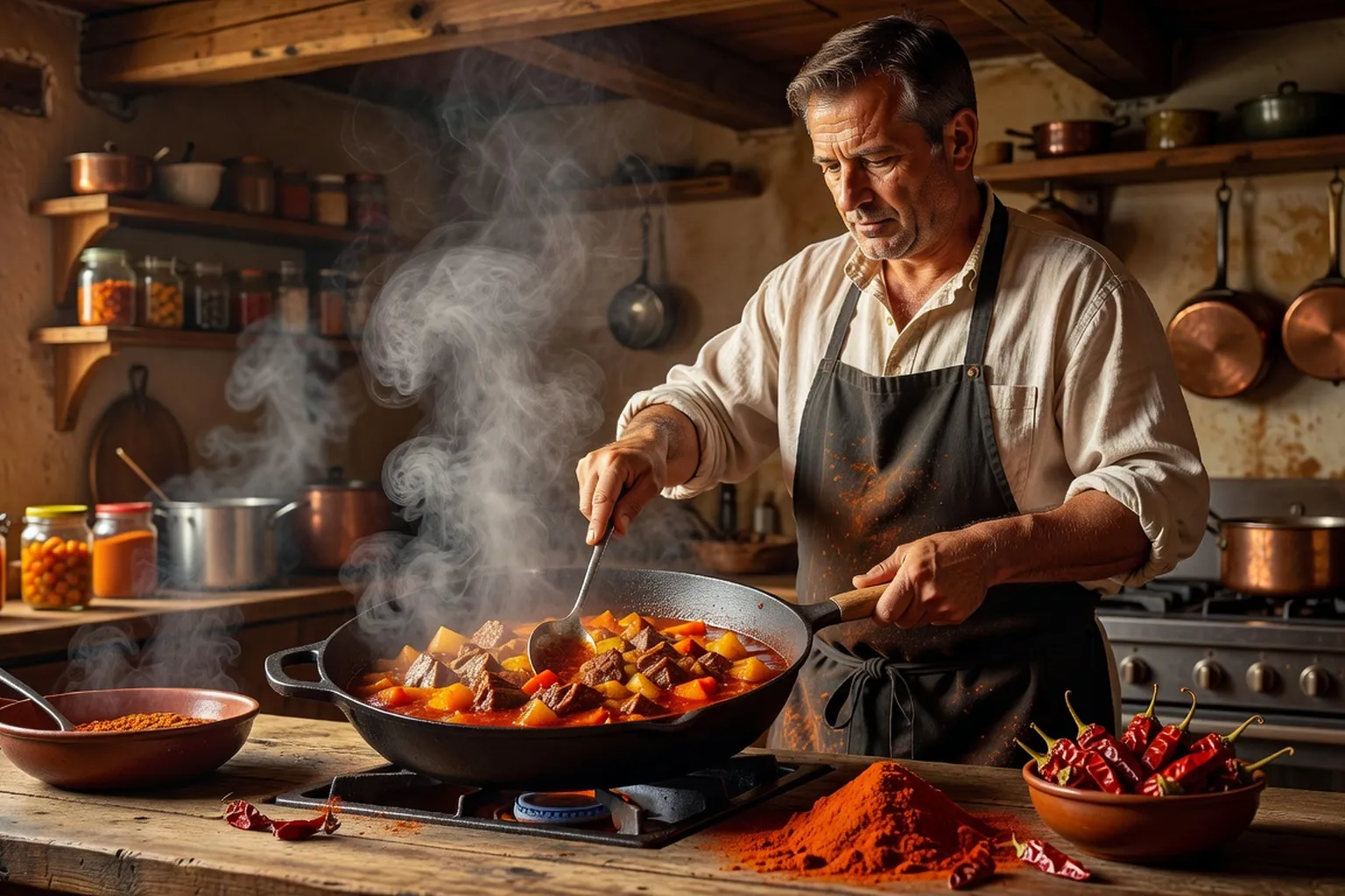 Chef cuisinier hongrois préparant un goulasch dans une cuisine, poêle fumante et paprika rouge