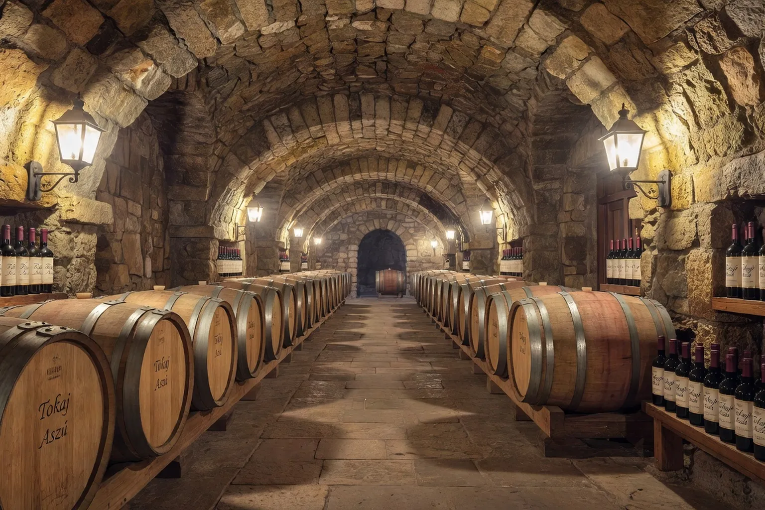 Cave à vins de Tokaj en Hongrie, fûts de chêne et voûtes de pierre, bouteilles de Tokaji Aszú en avant-plan