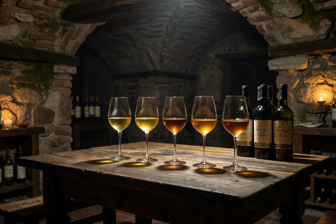 Cave de dégustation dans les vignobles de Tokaj Hongrie, table avec cinq verres de vin blanc à différentes teintes dorées, bouteilles de Tokaji Aszú, lumière de cave tamisée et intime