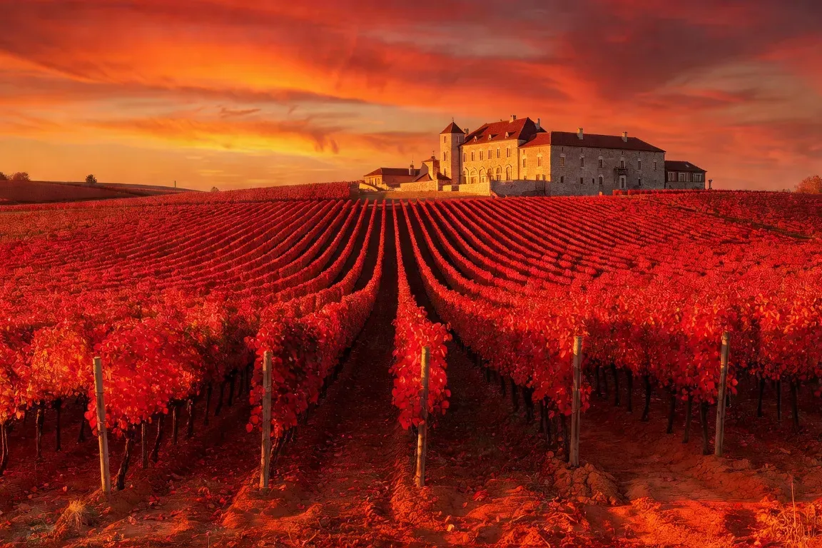 Vignobles de Villány Hongrie en automne, rangées de ceps aux feuilles rouges sur terre argileuse rouge brique, château viticole en arrière-plan, ciel orangé dramatique