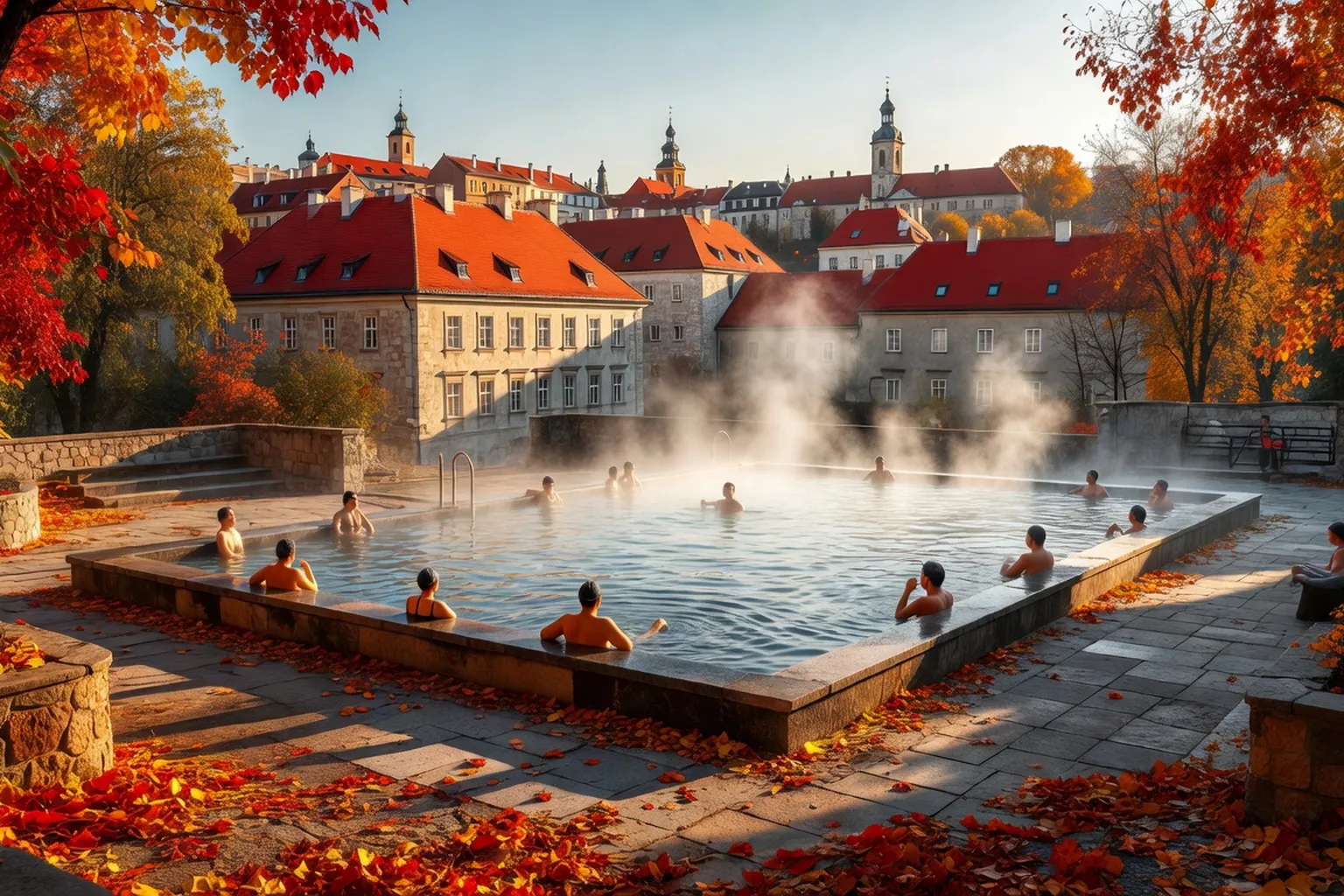 Thermes en plein air Aqua Eger Hongrie, bassin extérieur vapeur, toits rouges baroque d'Eger en arrière-plan, baigneurs en après-midi