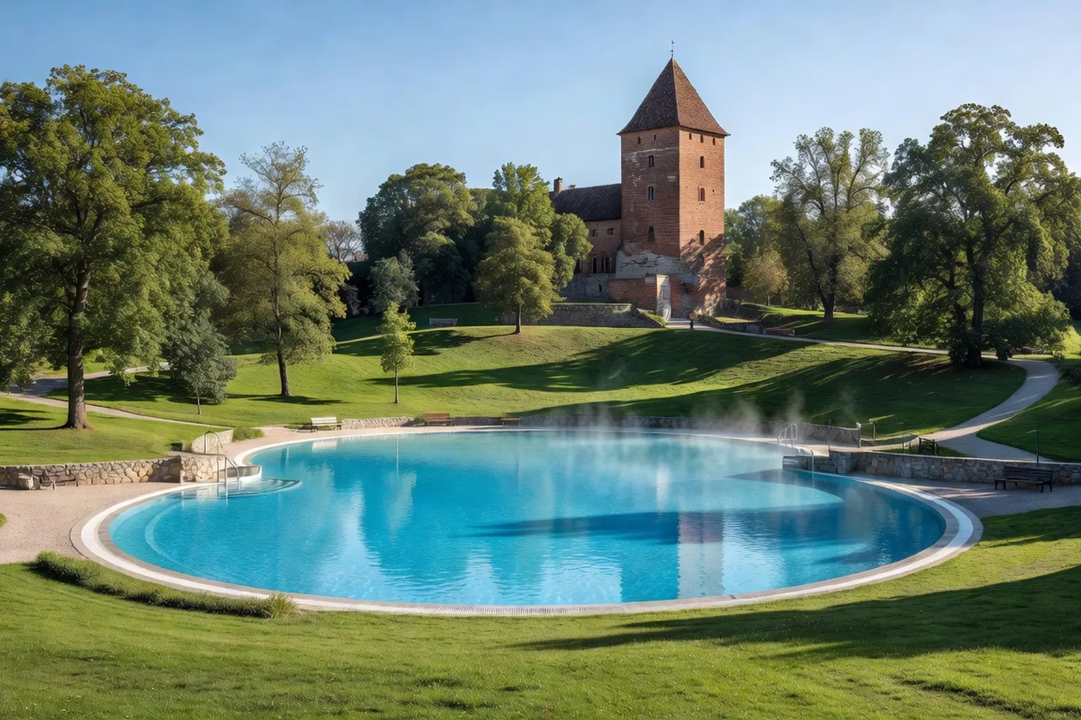 Thermes de Gyula Hongrie, château médiéval rouge brique visible derrière les piscines extérieures chauffées, parc verdoyant
