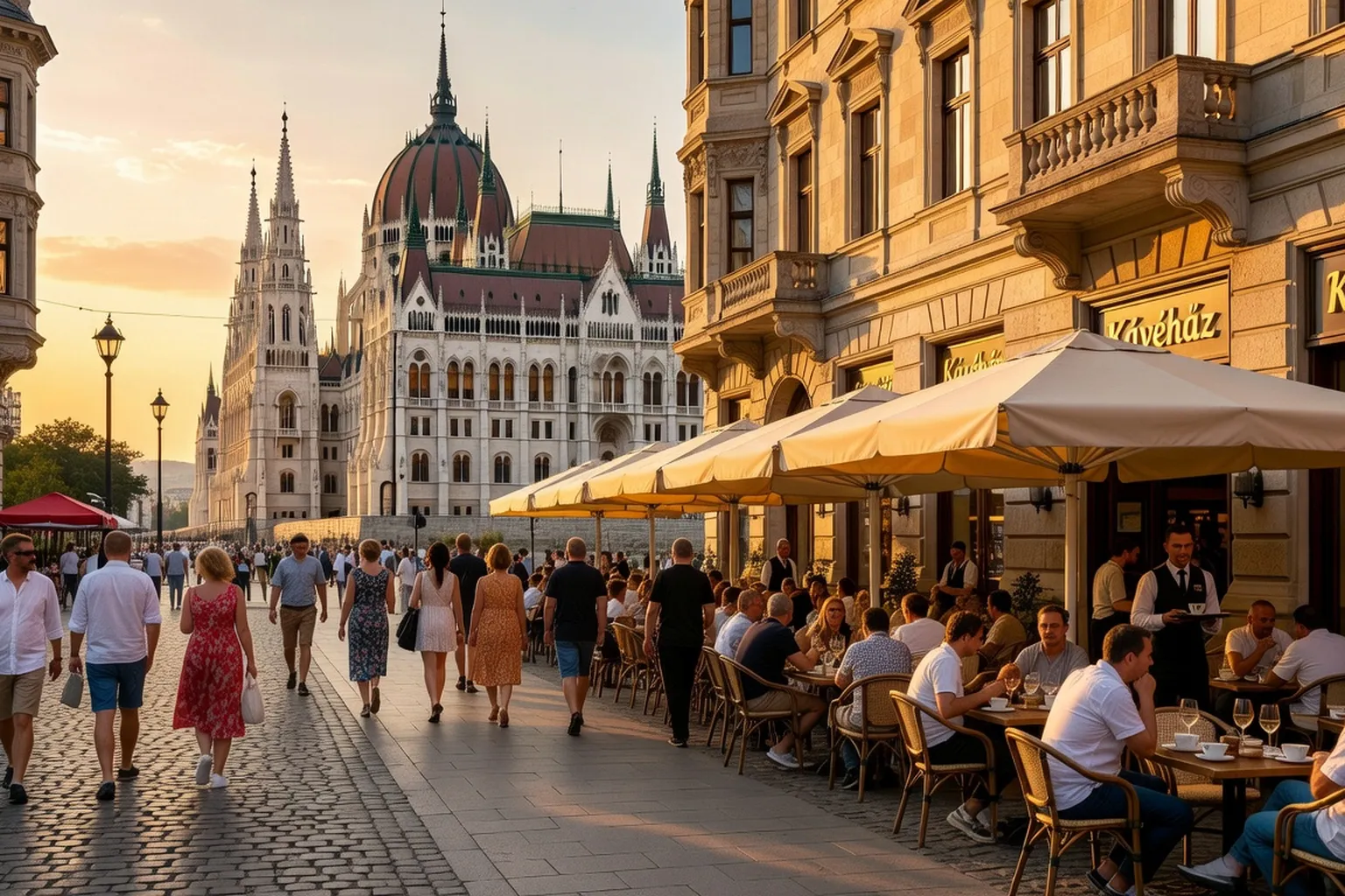 Rue animée du Ve arrondissement de Budapest, terrasses de café et piétons, atmosphère estivale