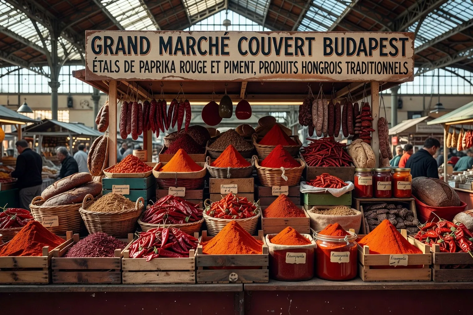 Grand Marché Couvert de Budapest, étals de paprika rouge et produits hongrois traditionnels, lumière naturelle