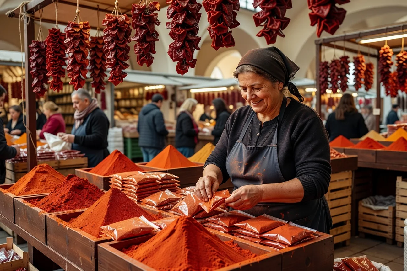 Intérieur de la grande halle métallique du Grand Marché couvert de Budapest de 1897, étals colorés de paprika rouge en cônes et charcuteries suspendues sous la verrière, voyageurs adultes flânant entre les stands
