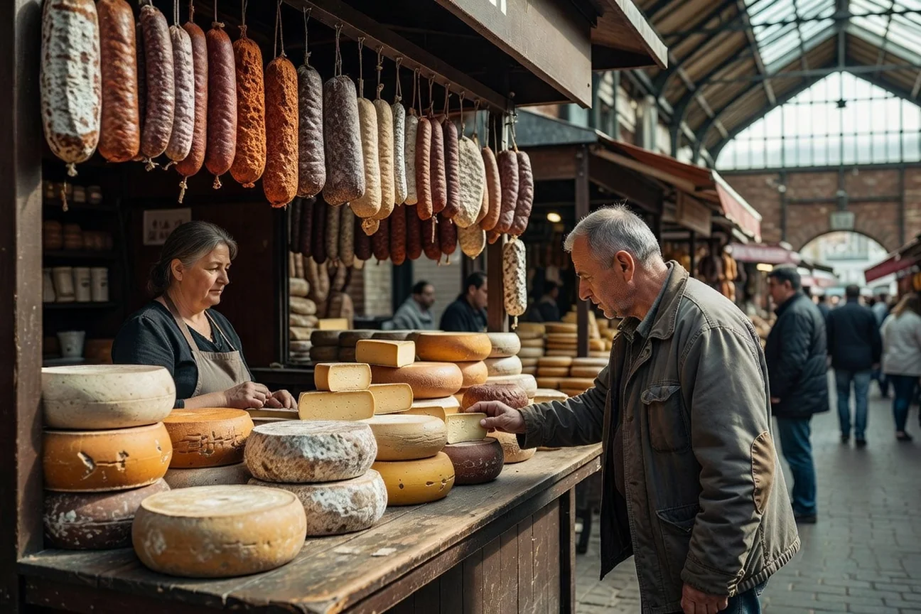 Étal de charcuterie hongroise et fromages affinés dans un marché couvert de Budapest, saucisses et salamis suspendus au-dessus du comptoir, client adulte choisissant ses produits