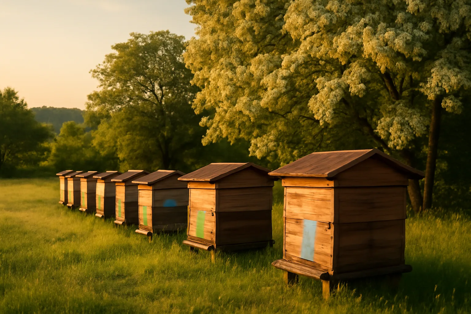 Rucher traditionnel dans une campagne hongroise, ruches en bois alignées près d&#39;un bosquet de robiniers en fleurs, lumière dorée de fin de journée