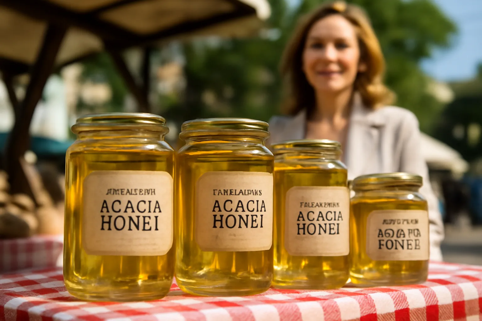 Pots de miel d&#39;acacia hongrois clair sur un étal de marché traditionnel à Budapest, étiquettes artisanales, cadre extérieur ensoleillé