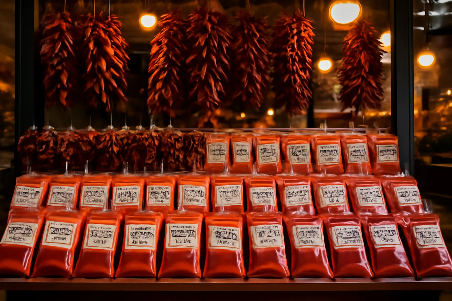 Étal de paprika hongrois au Grand Marché couvert de Budapest, sachets rouges de différentes variétés alignés, guirlandes de piments séchés suspendues