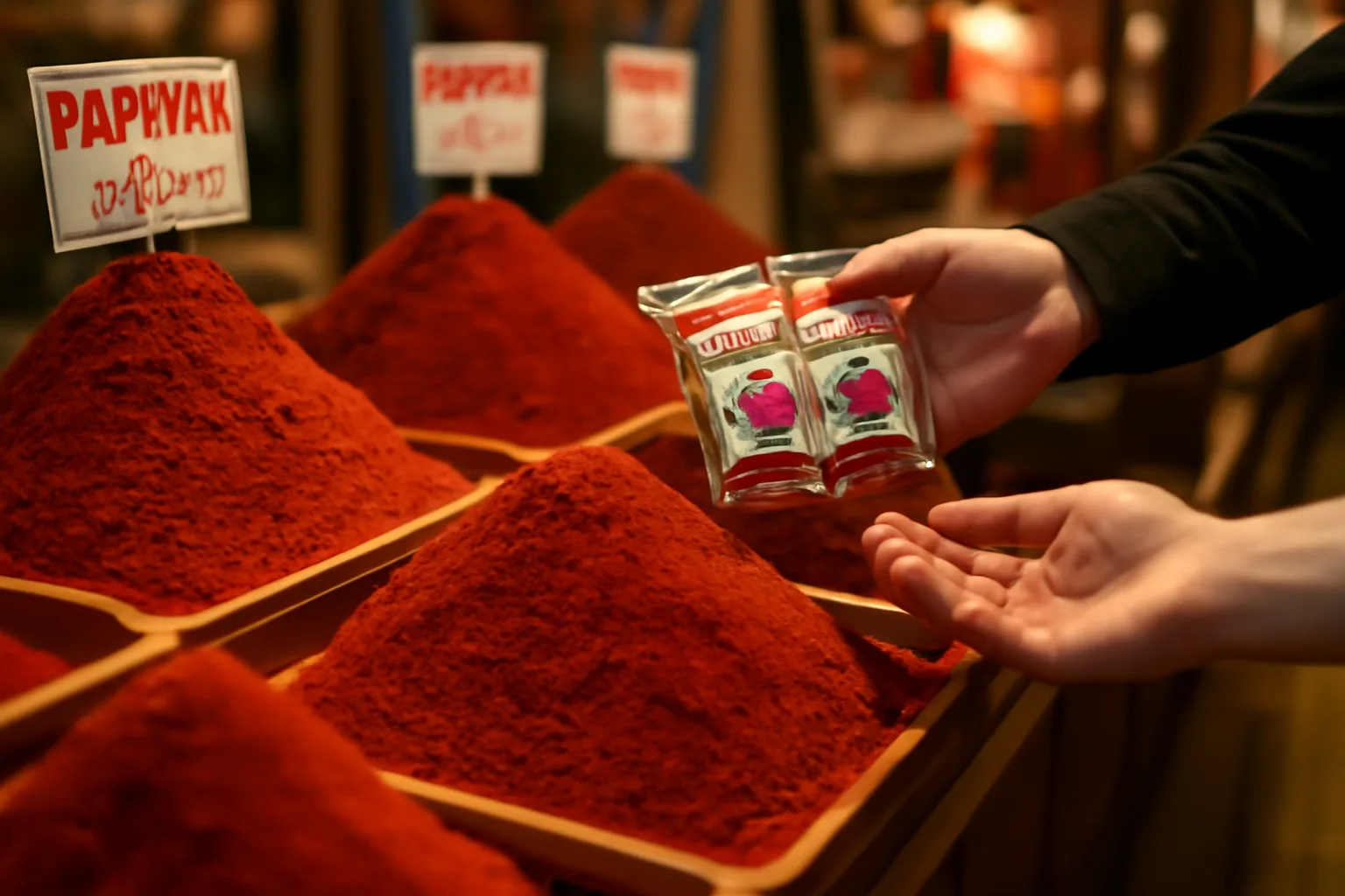 Marché couvert de Budapest, comptoir de paprika en poudre de différentes teintes de rouge, vendeuse présentant les sachets aux clients