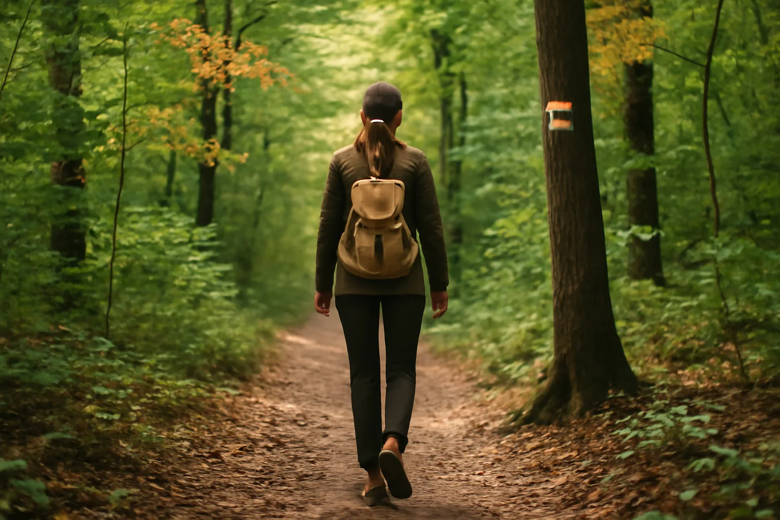 Sentier de randonnée en forêt dans le parc national de la Danube-Ipoly, Hongrie, feuillage dense, lumière filtrée, chemin balisé
