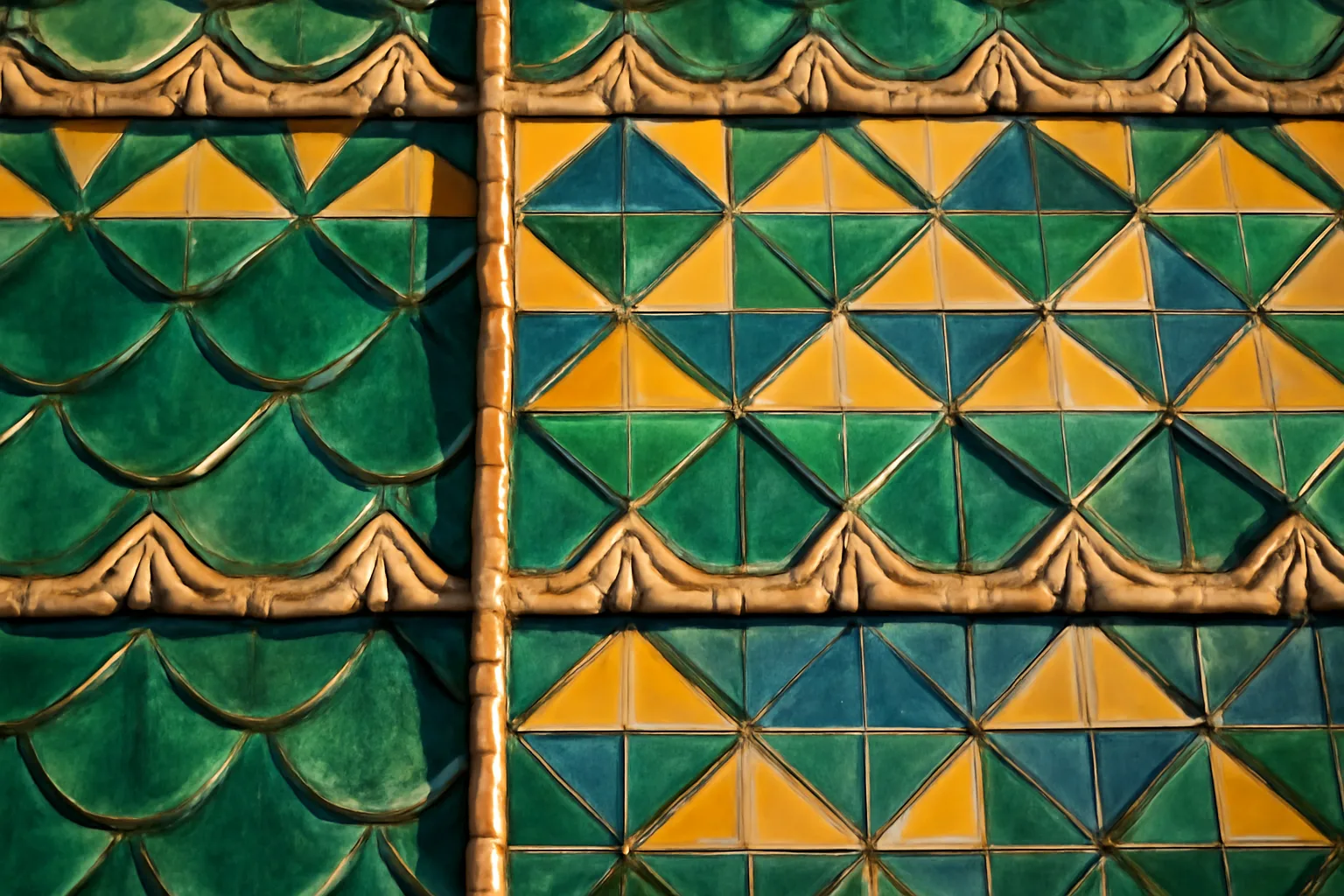 Détail de tuiles vernissées colorées de la manufacture Zsolnay sur une toiture Sécession hongroise à Budapest, motifs géométriques verts et jaunes