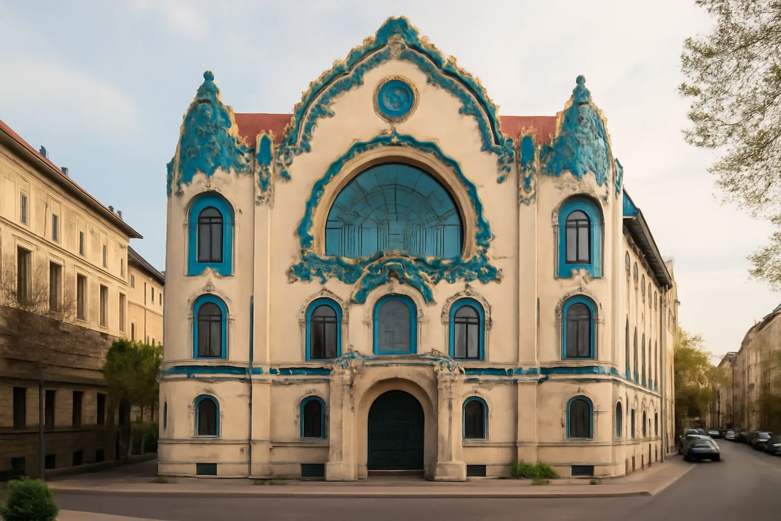 Façade de l&#39;Institut géologique hongrois à Budapest, œuvre d&#39;Ödön Lechner avec décor de céramique Zsolnay bleu et vert