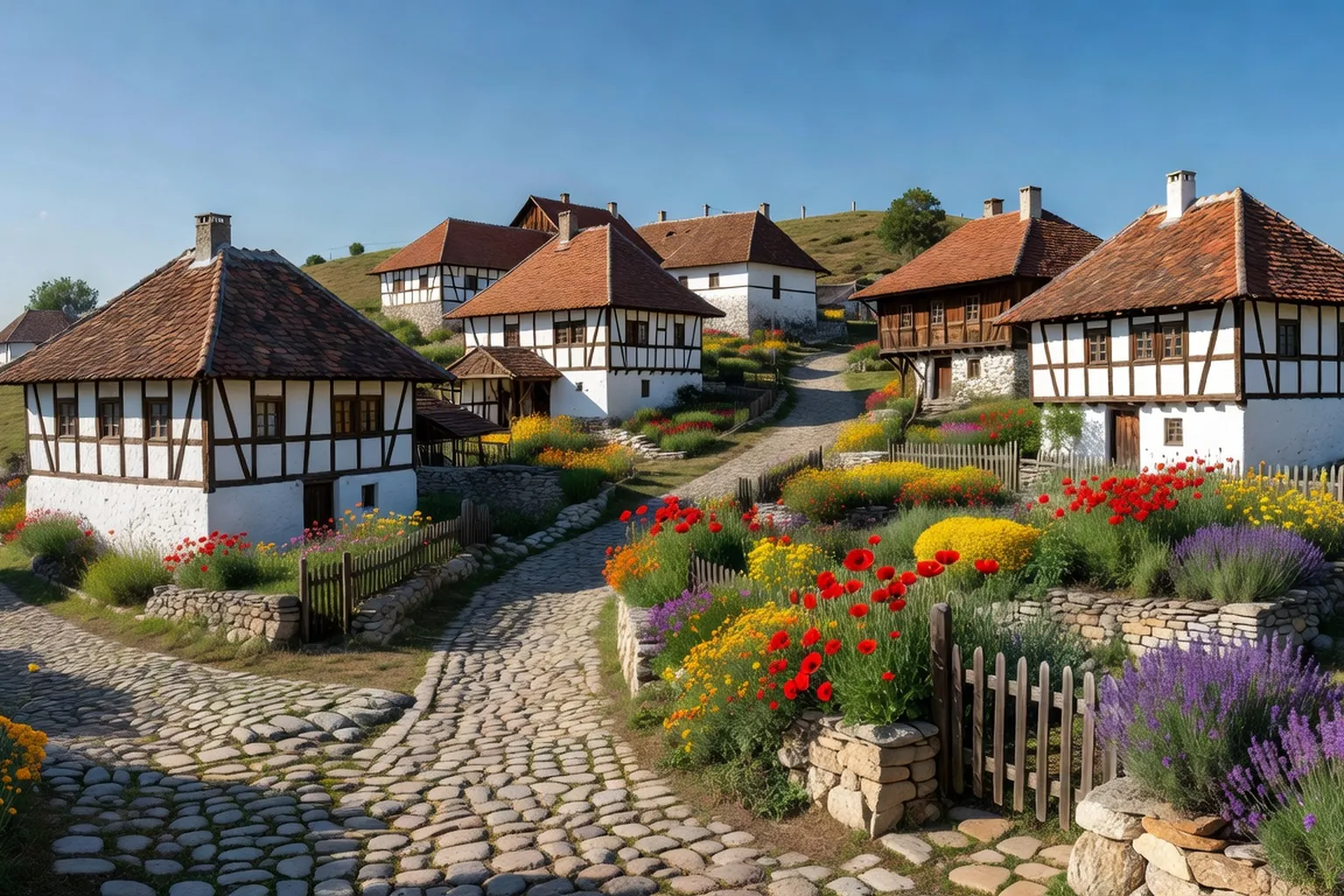 Village traditionnel de Hollókő Hongrie, maisons paysannes blanches à colombages et toits en tuiles rouges sur une colline, ruelles pavées, jardins fleuris, ambiance médiévale intacte