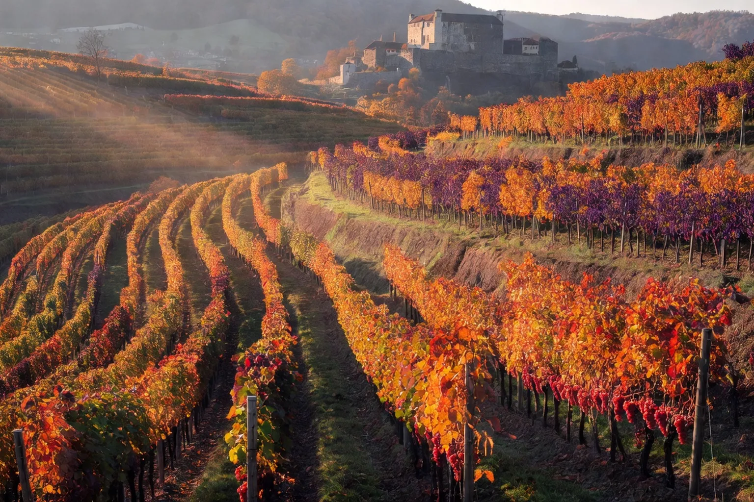 Vignoble en terrasse à Eger Hongrie automne, rangées de vignes chargées de raisins rouges, soleil rasant, couleurs orangées et pourpres de la saison