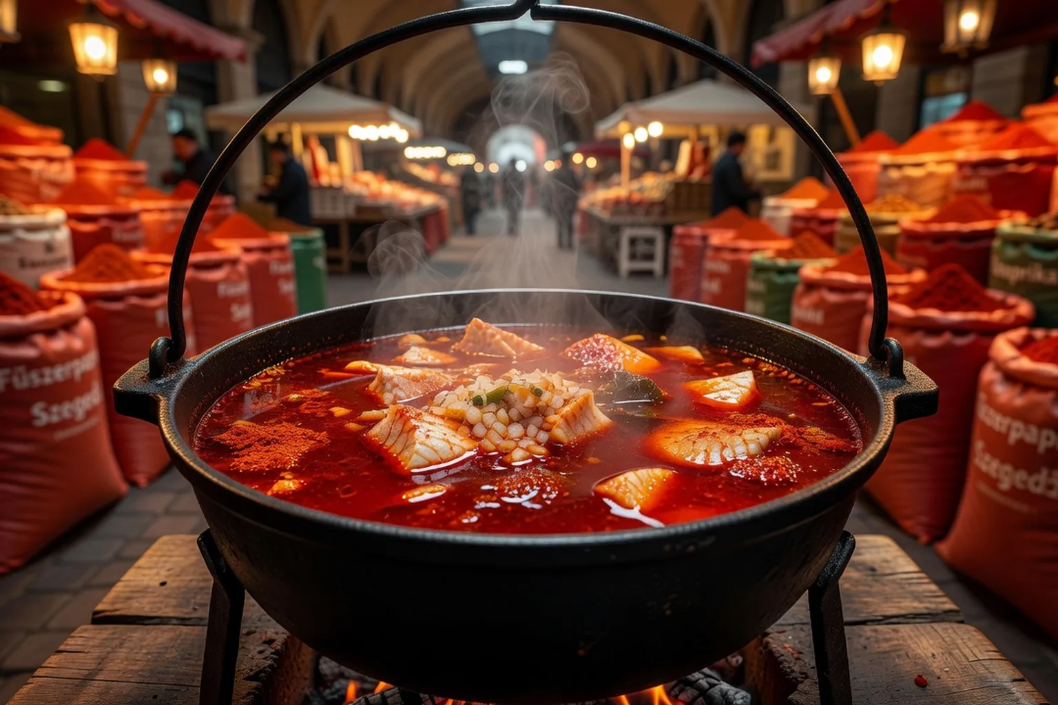 Halászlé soupe de poisson au paprika servie dans un bogrács chaudron traditionnel, marché couvert de Szeged Hongrie en arrière-plan, étals de paprika rouge vif
