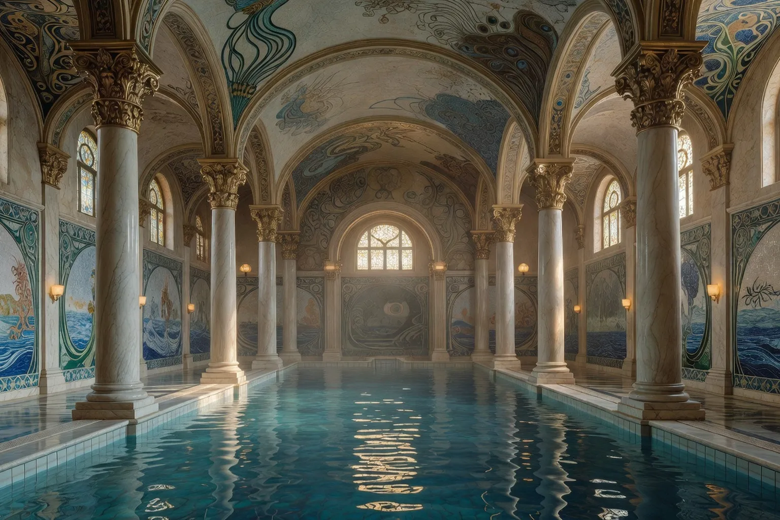 Piscines extérieures des bains Széchenyi Budapest, néo-baroque jaune et eau turquoise