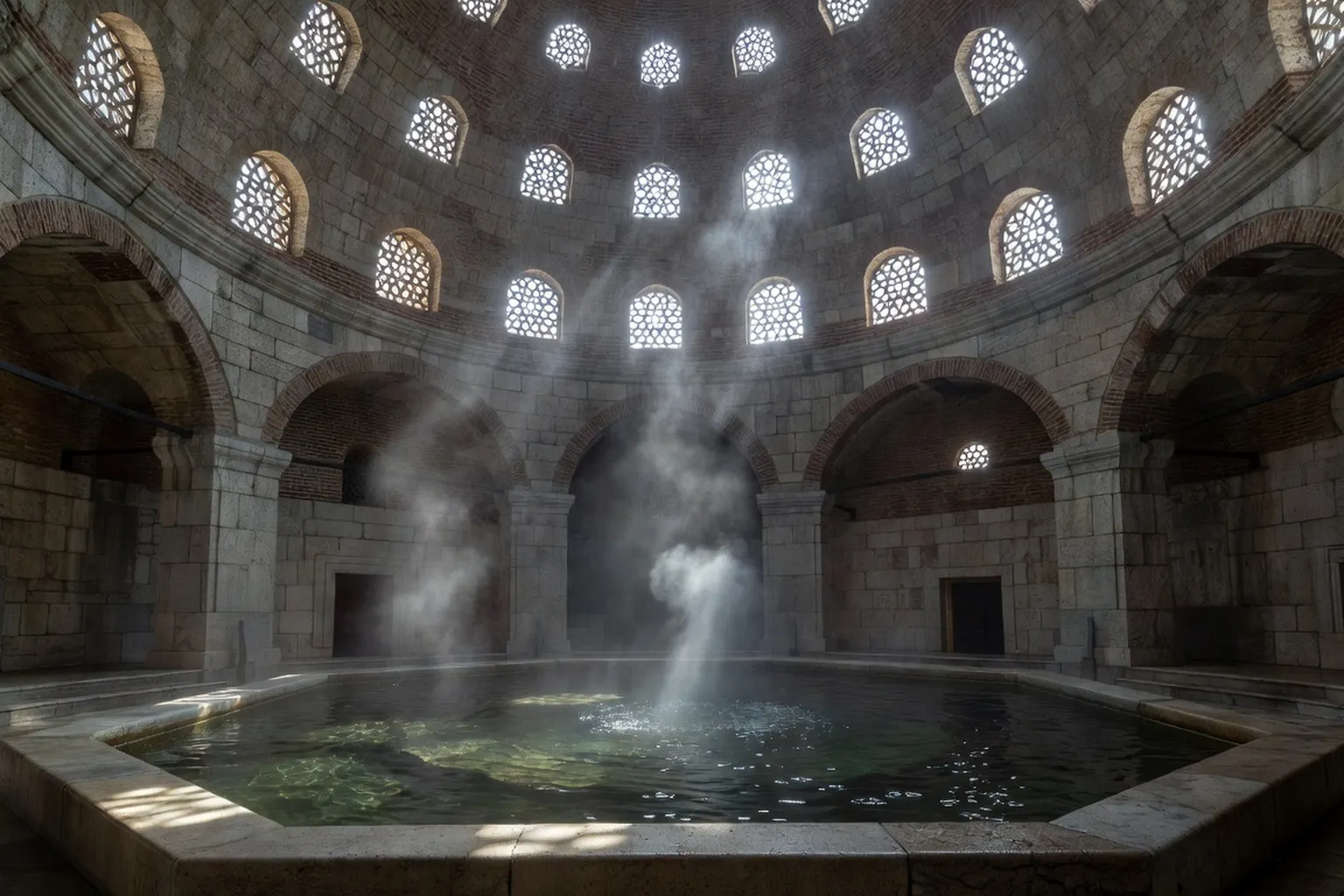 Coupole ottomane des bains Rudas Budapest avec lumière filtrée par les hublots étoilés