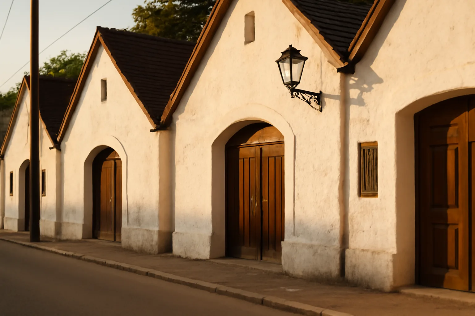 Caves à vin creusées dans le tuf volcanique de la vallée des Femmes Belles à Eger, Hongrie, entrées voûtées avec enseignes traditionnelles