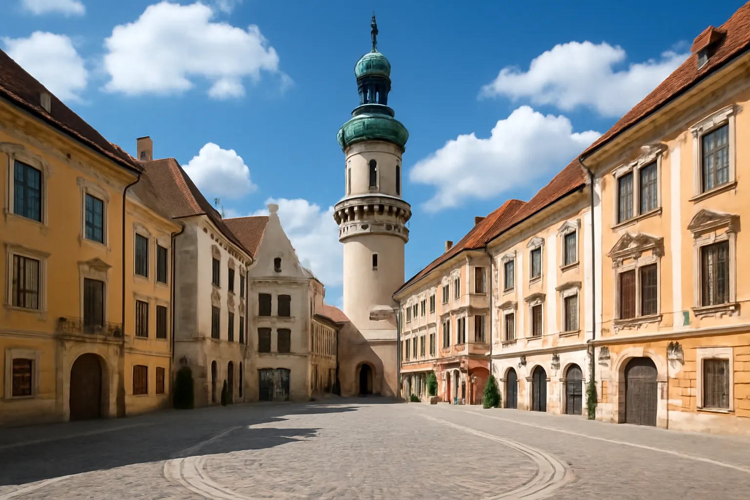 La charmante ville de Sopron avec sa tour du Guet médiévale dominant les toits historiques et les ruelles pavées du centre-ville