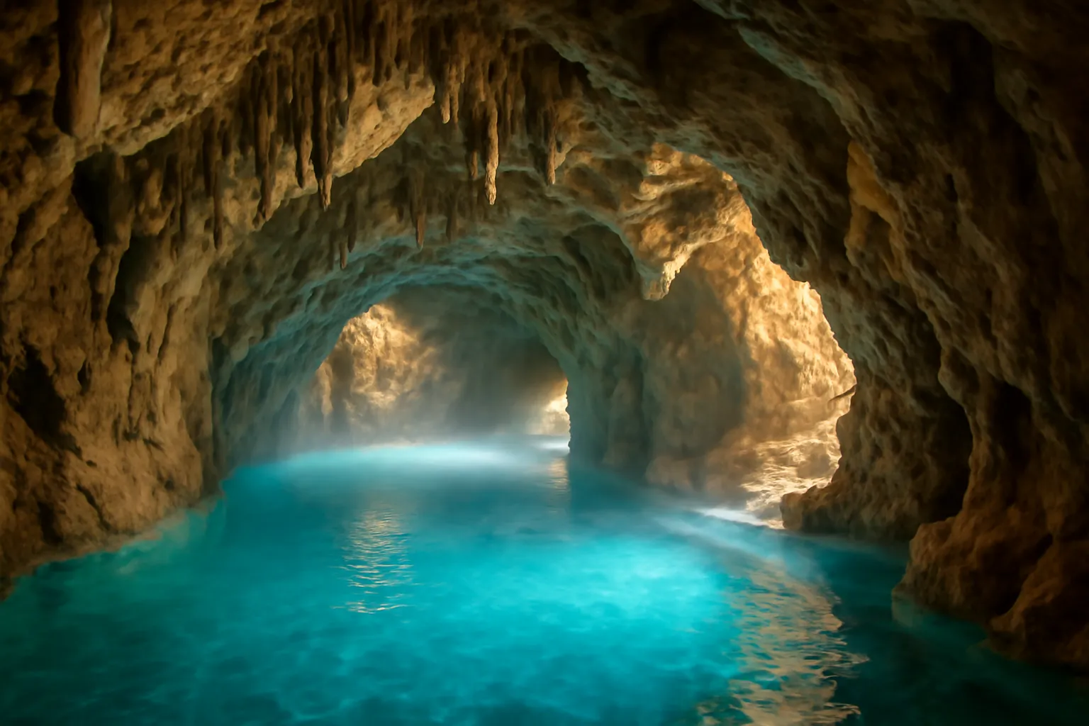 Intérieur d'un bain thermal historique hongrois avec colonnes en pierre, vapeur et lumière tamisée filtrant à travers une coupole ottomane