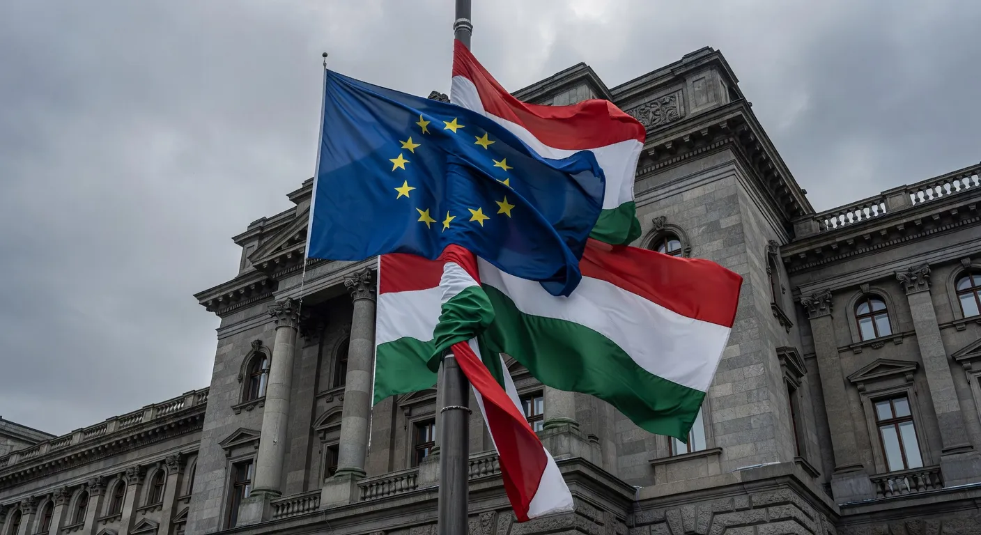 Drapeaux européens devant le Parlement hongrois