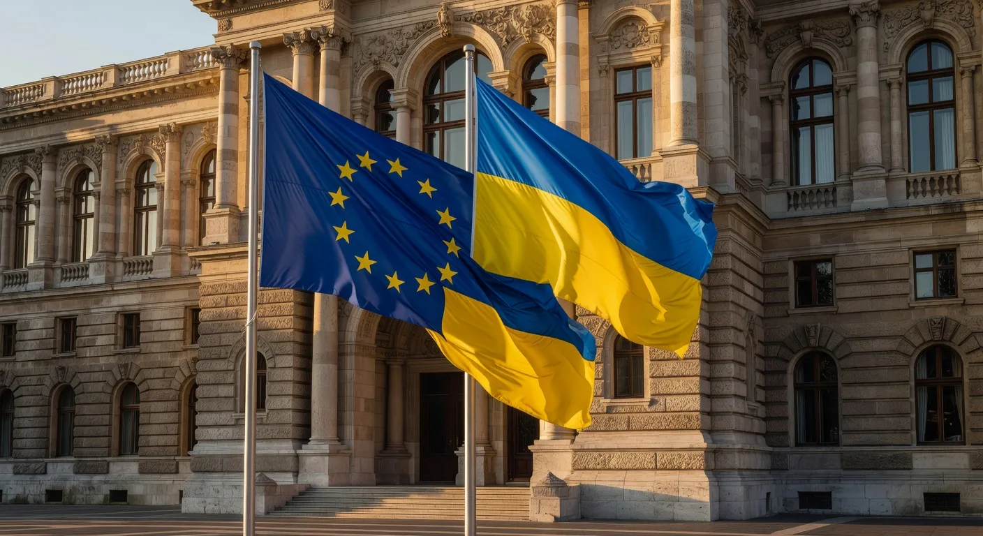 Drapeaux UE et Ukraine devant le Parlement hongrois
