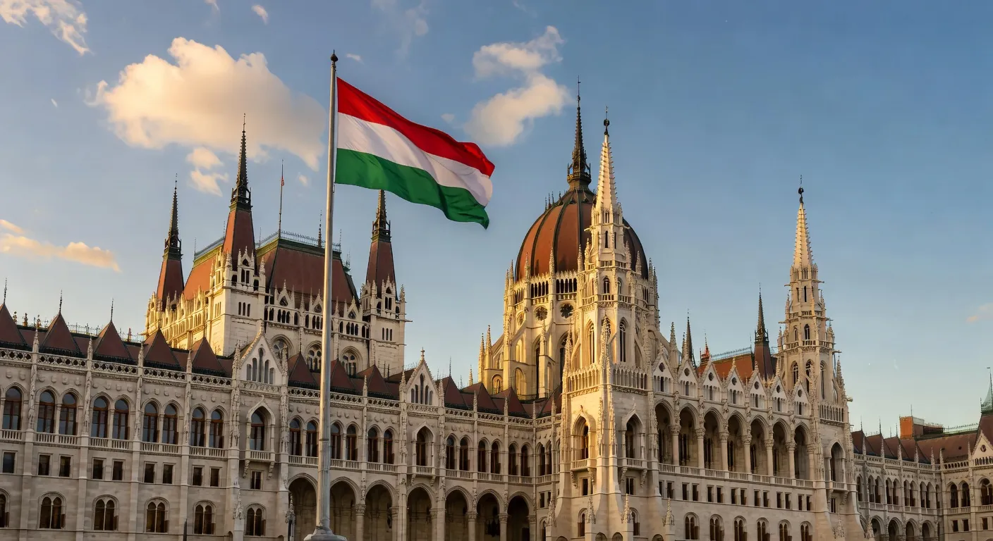 Drapeau hongrois flottant devant le Parlement de Budapest