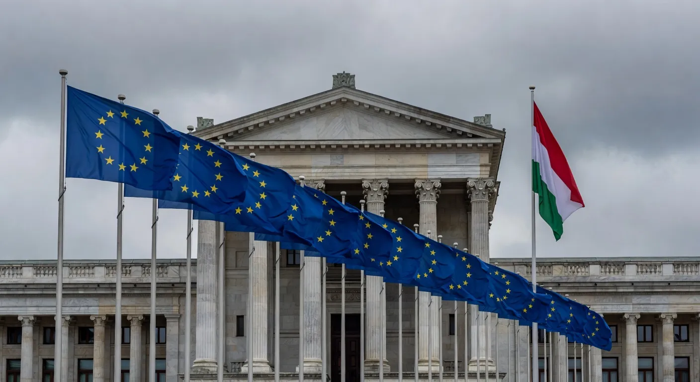 Parlement de Budapest et drapeaux europeens