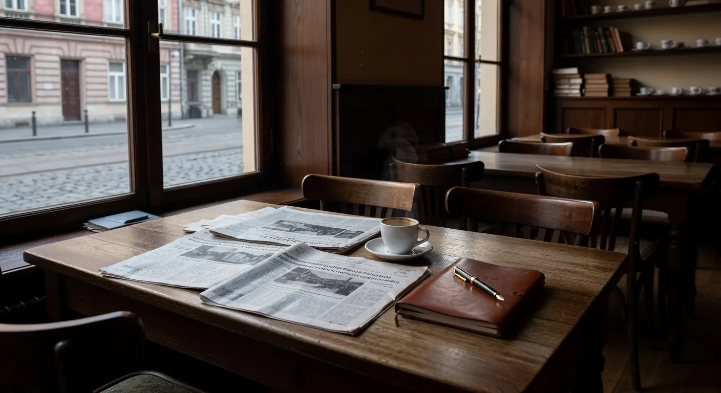 Cafe Budapest avec journaux du jour